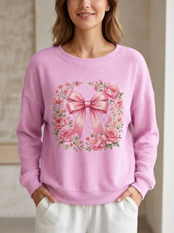 Bow Floral Wreath Botanical Women's Breast Cancer Awareness Waffle Sweatshirt