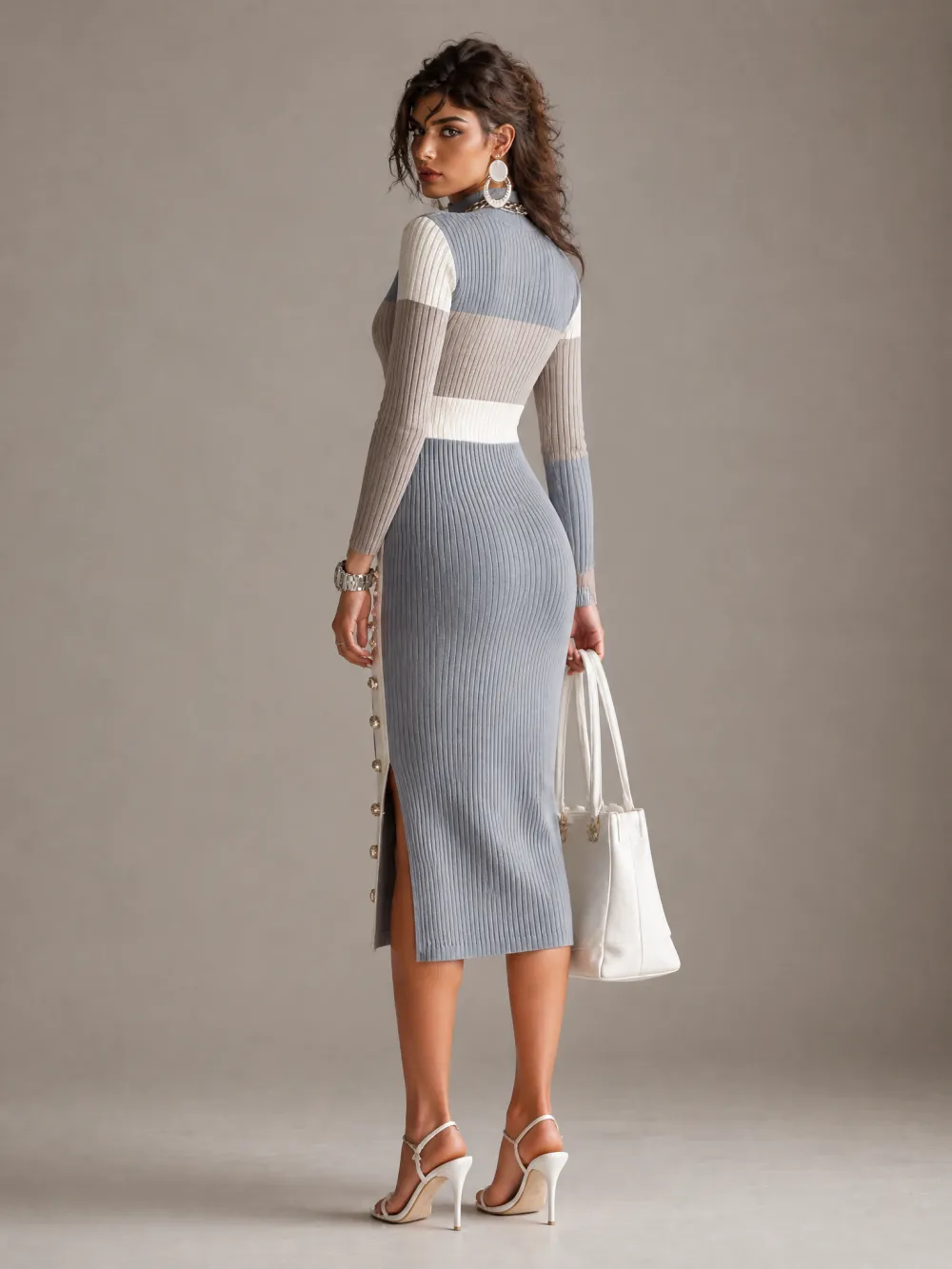 Elegant Colorblock Ribbed Knit Cutout Long Sleeve Bodycon Midi Dress with Button Slit Detail
