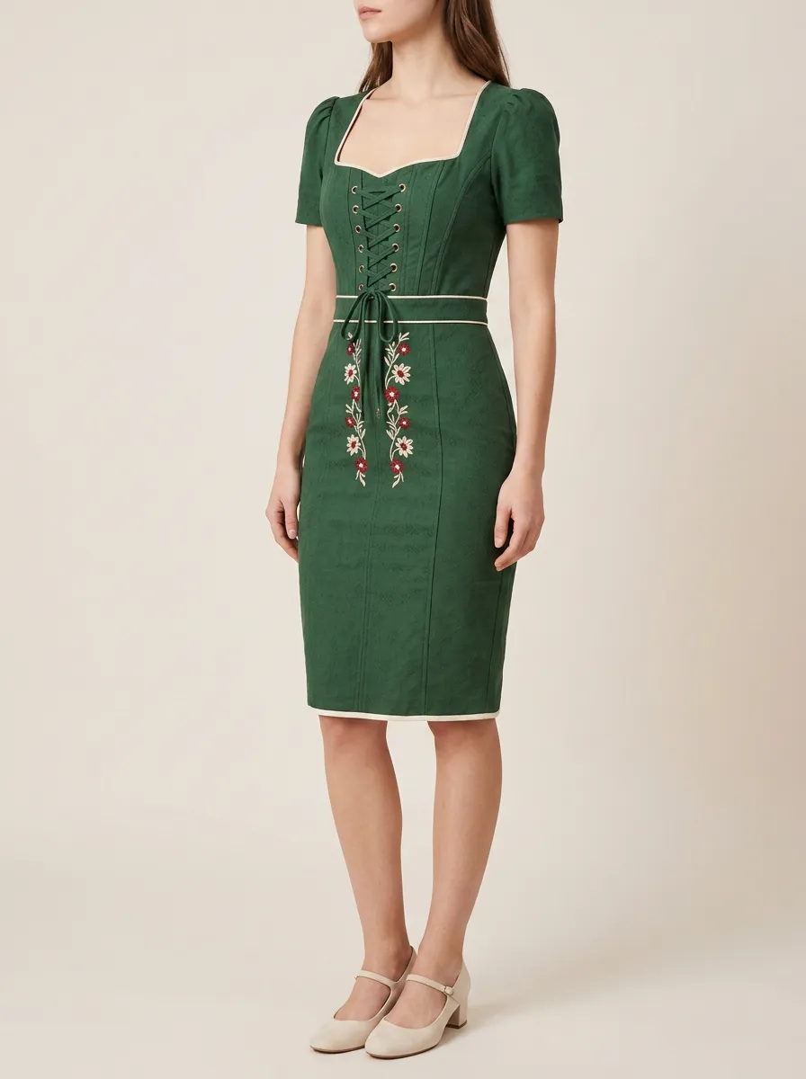 Women's Embroidery Lace-Up Heritage Bodycon Dress