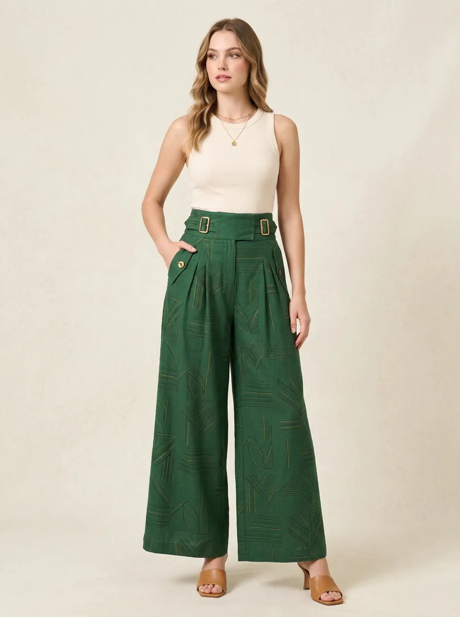 Women's Geometric Pattern High-Waisted Buckled Printed Wide-Leg Pants