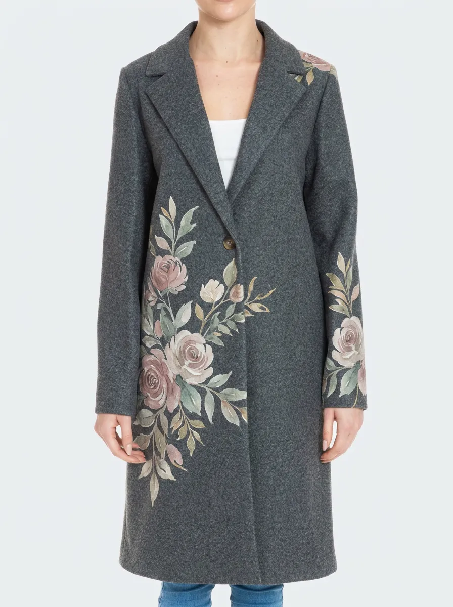 Women's Floral Lover Grey Watercolor Rose Printed Coat