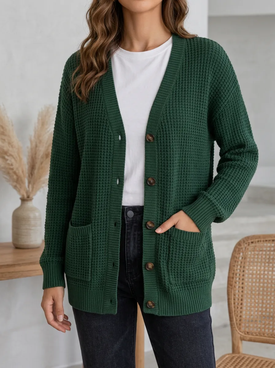 Women's Everyday Layered Waffle Knit Button Front V Neck Cardigan