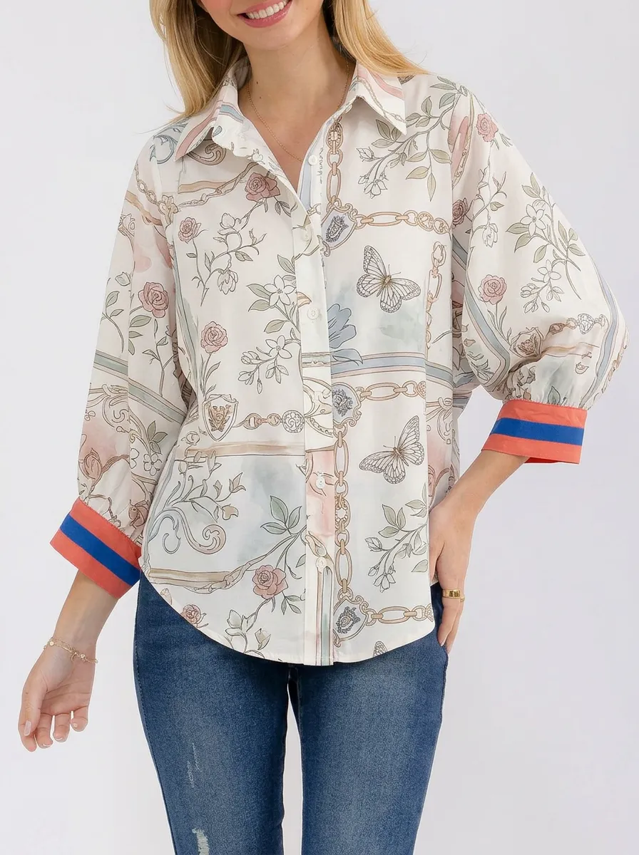 Women's Vintage Floral Butterfly Chain Printed Button-up Shirt