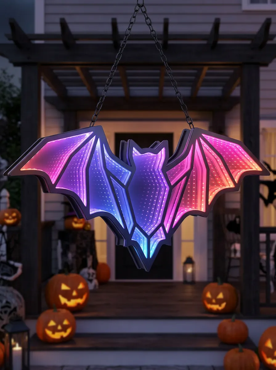 Infinity-Mirror Neon-Look Bat-Shape Halloween Bat Light
