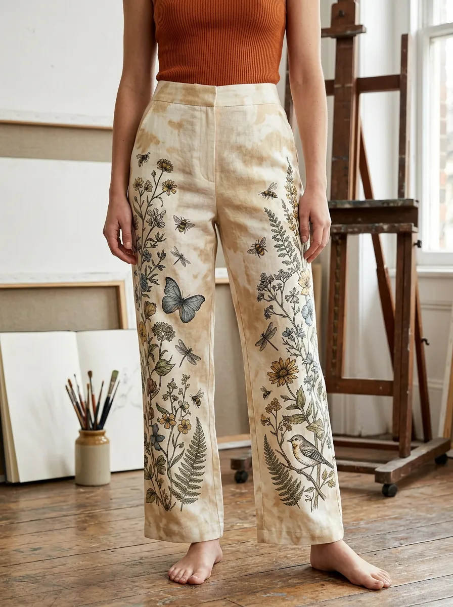 Women's Nature Lover Botanical Butterfly Bee Printed Pants
