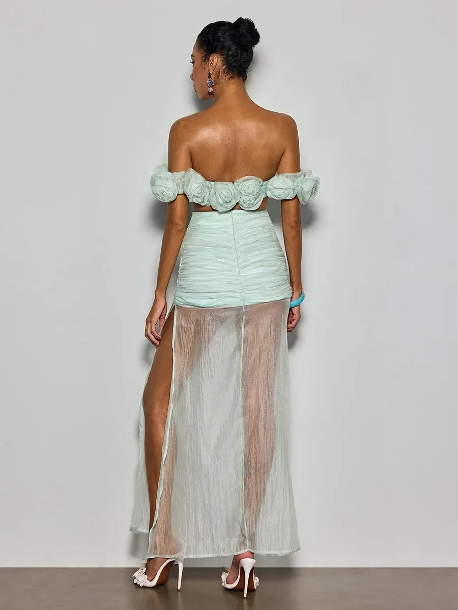 Peyton Off Shoulder Flower Mesh Skirt Set