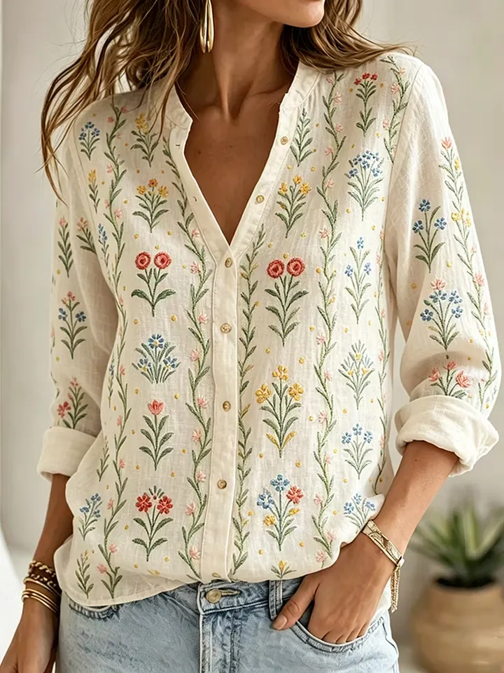 Women's Floral Embroidery Pattern Casual Linen Shirt