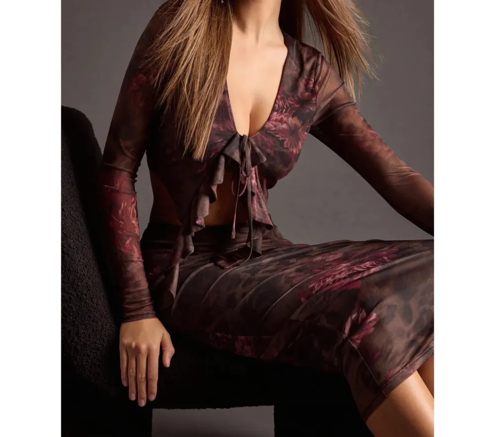 Brown Abstract Print Tie-Front Cropped Top