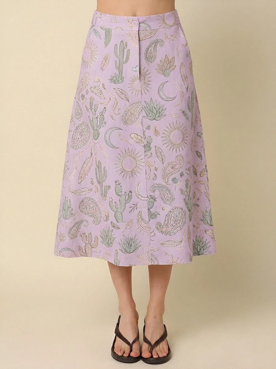 Women's Boho Cactus Paisley Sun Moon Printed Midi Skirt