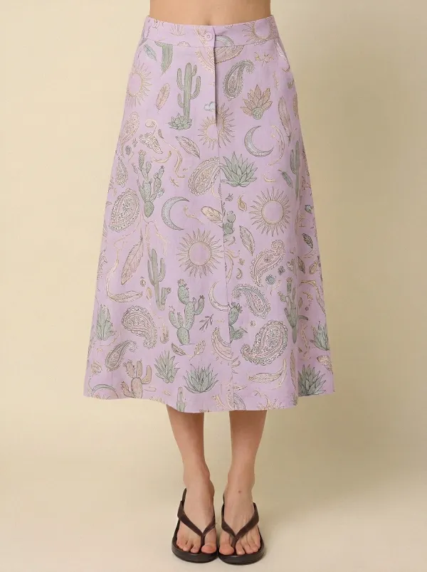Women's Boho Cactus Paisley Sun Moon Printed Midi Skirt