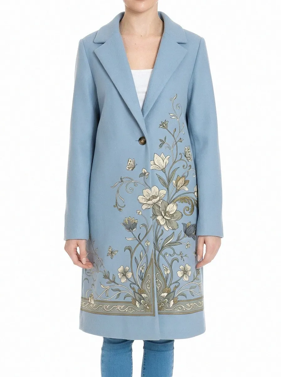 Women's Floral Butterfly Botanical Printed Wool Coat