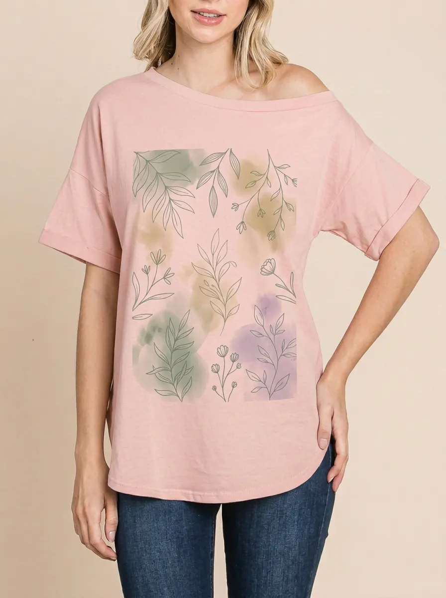 Women's Botanical Nature Lover Watercolor Leaves Printed T-shirt