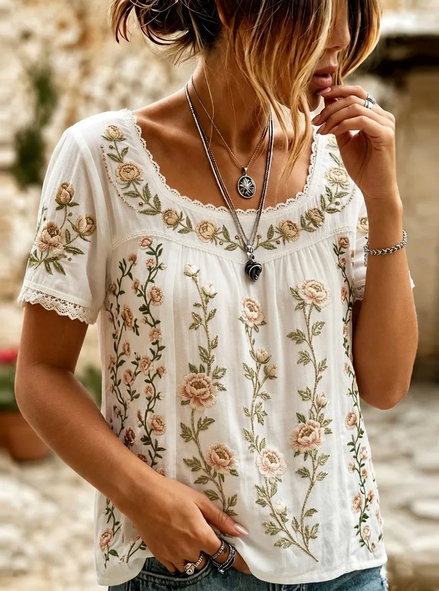 Women's Boho Floral Embroidered Vintage Style Printed T-shirt