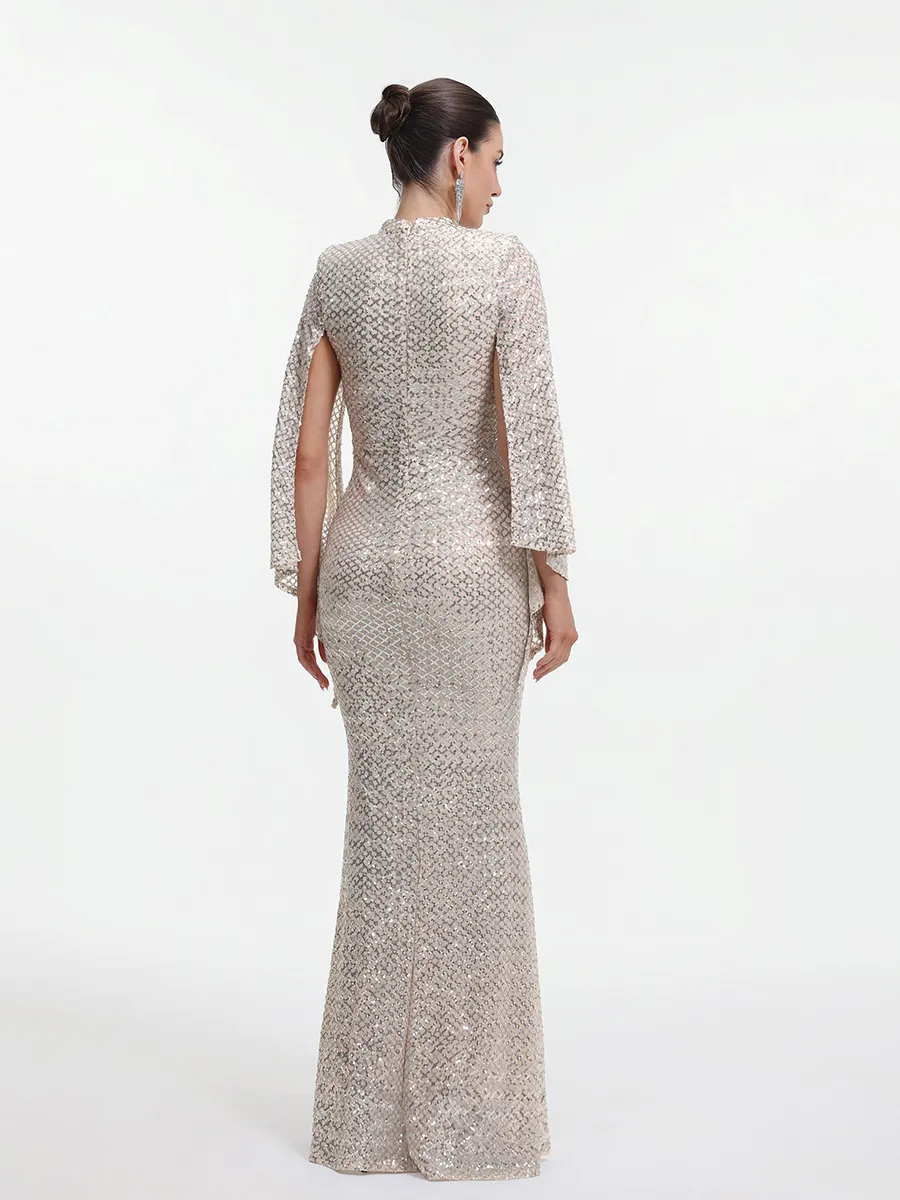 Marcella Contour Cape Sleeve Sequin Maxi Dress