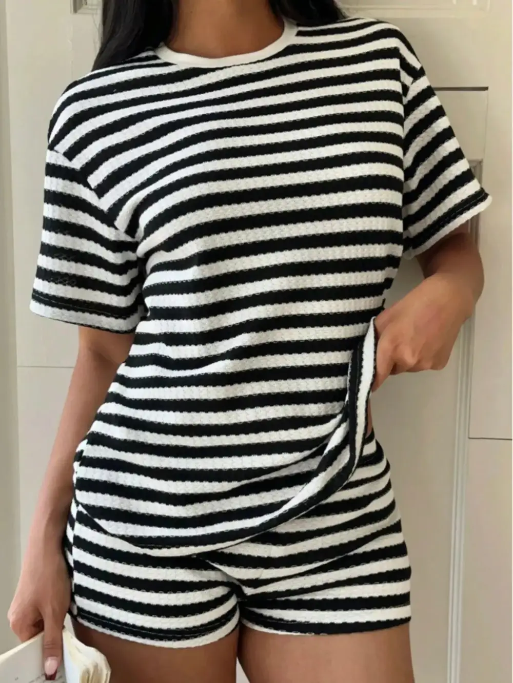 Relaxed Striped Round Neck Top Shorts Set