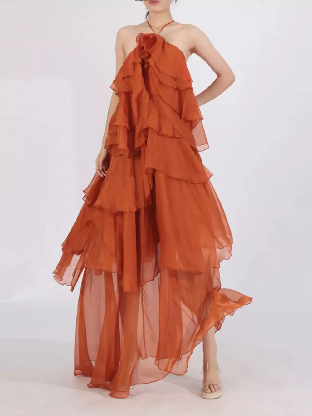 Tiered Halter Chiffon Maxi Dress