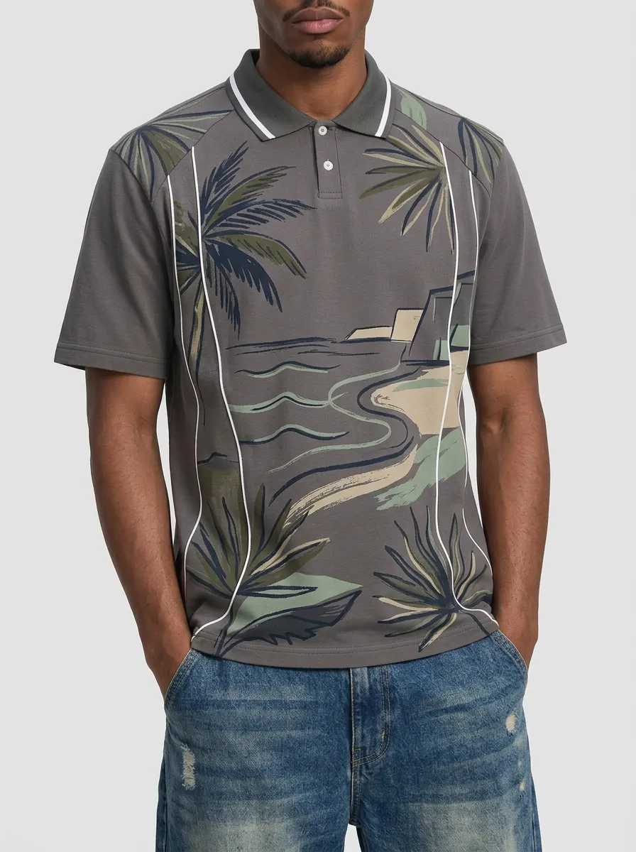 Men's Tropical Beach Palm Tree Printed Polo Shirt