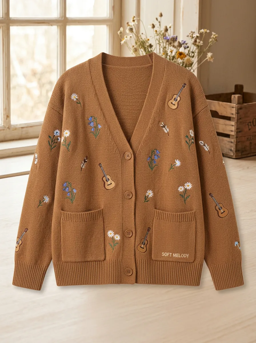 Guitar Embroidered Country Music Cardigan