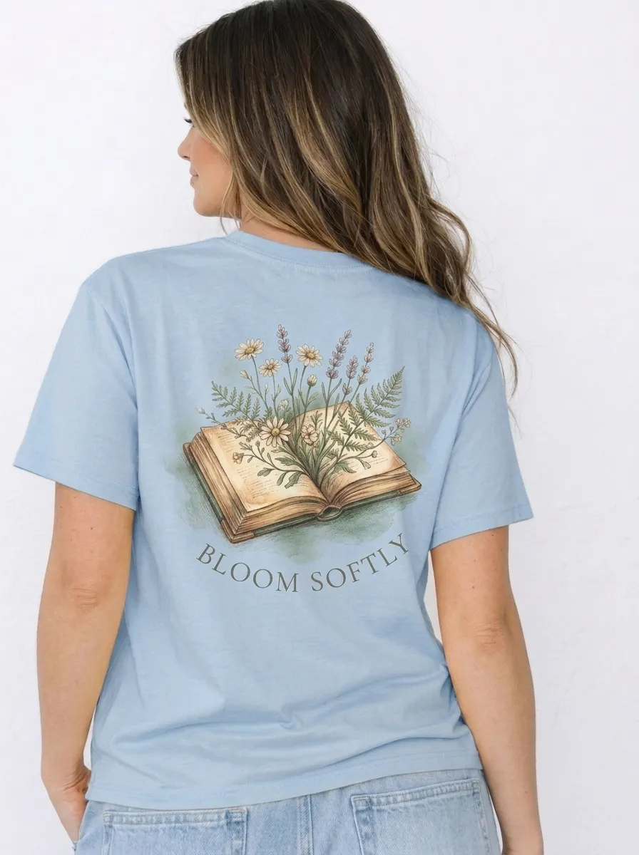 Women's Book Lover Floral Bloom Softly Printed T-shirt