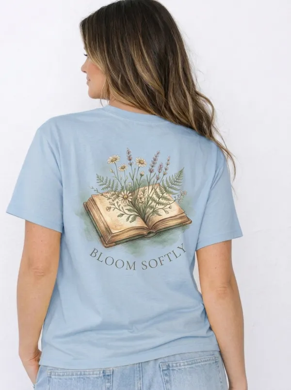 Women's Book Lover Floral Bloom Softly Printed T-shirt
