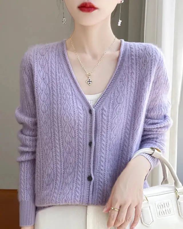 Merino-Wool Wool Button-Front V-Neck Cardigan