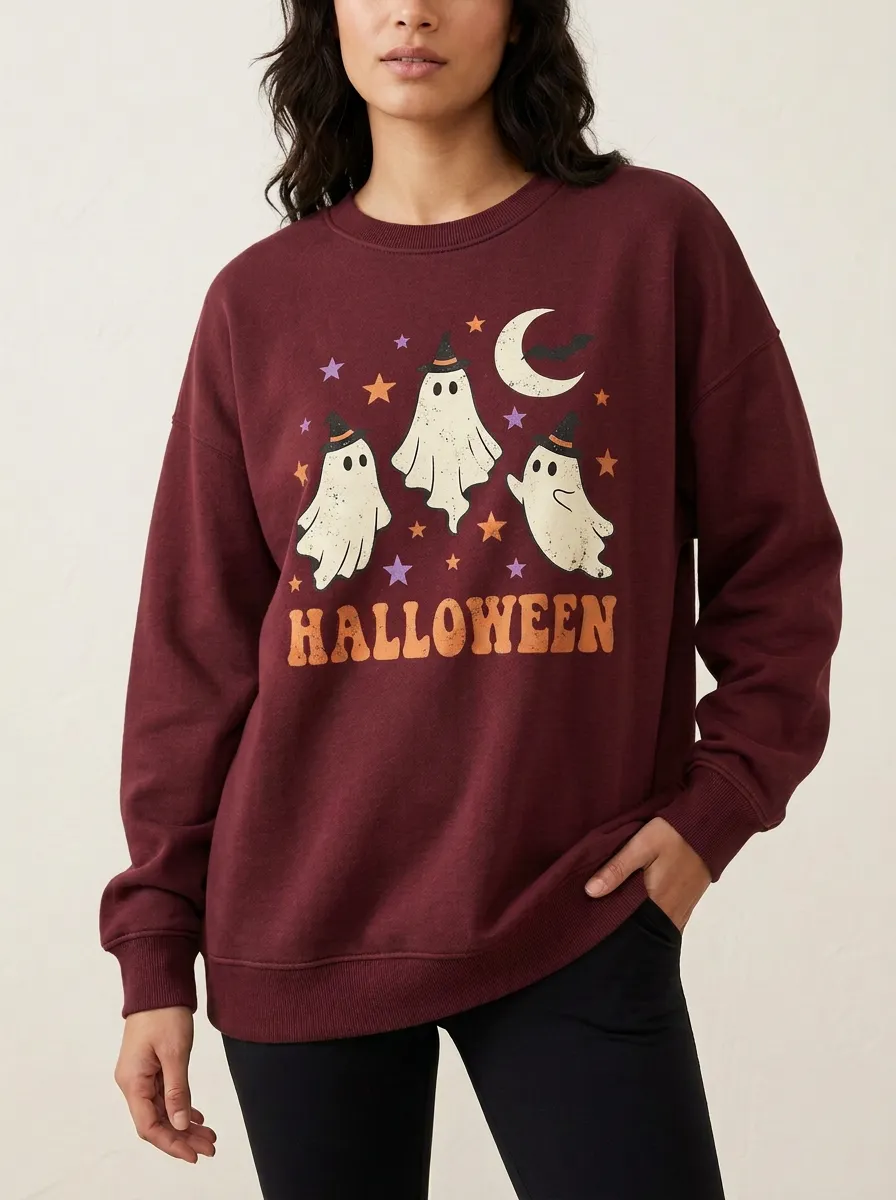 Women's Halloween Ghost Witch Hat Moon Stars Printed Sweatshirt