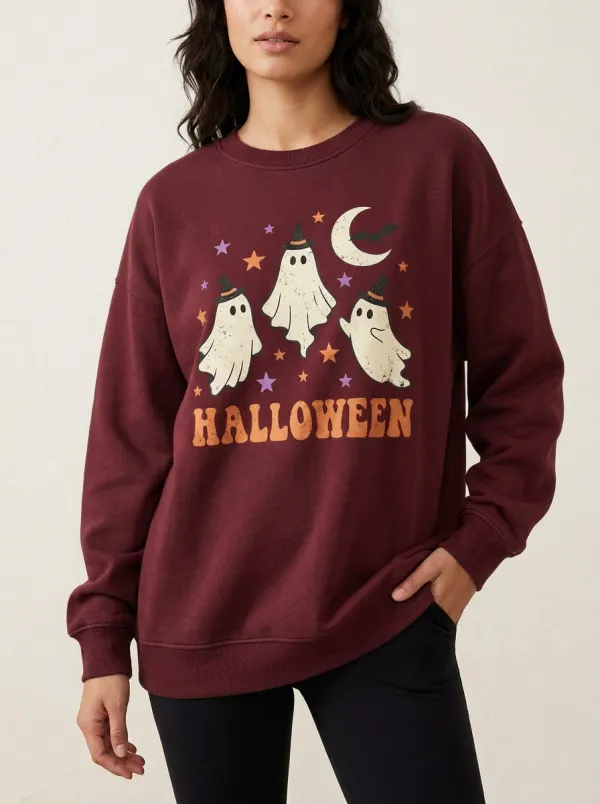 Women's Halloween Ghost Witch Hat Moon Stars Printed Sweatshirt
