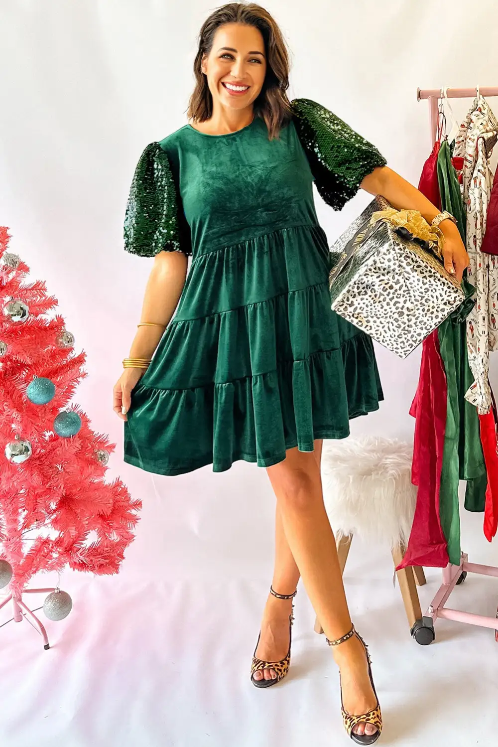 Polished Detail Velvet Sequin Tiered Mini Dress