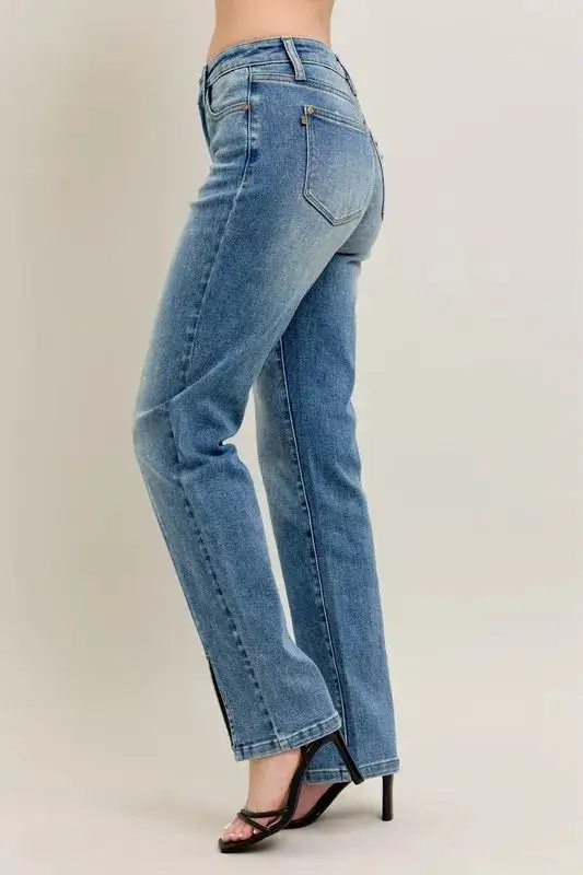 Full Size High Waist Vintage Wash Front Seam & Slit Straight Plus Size