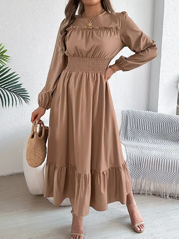 Elasticated Pleated Neck Maxi Dress