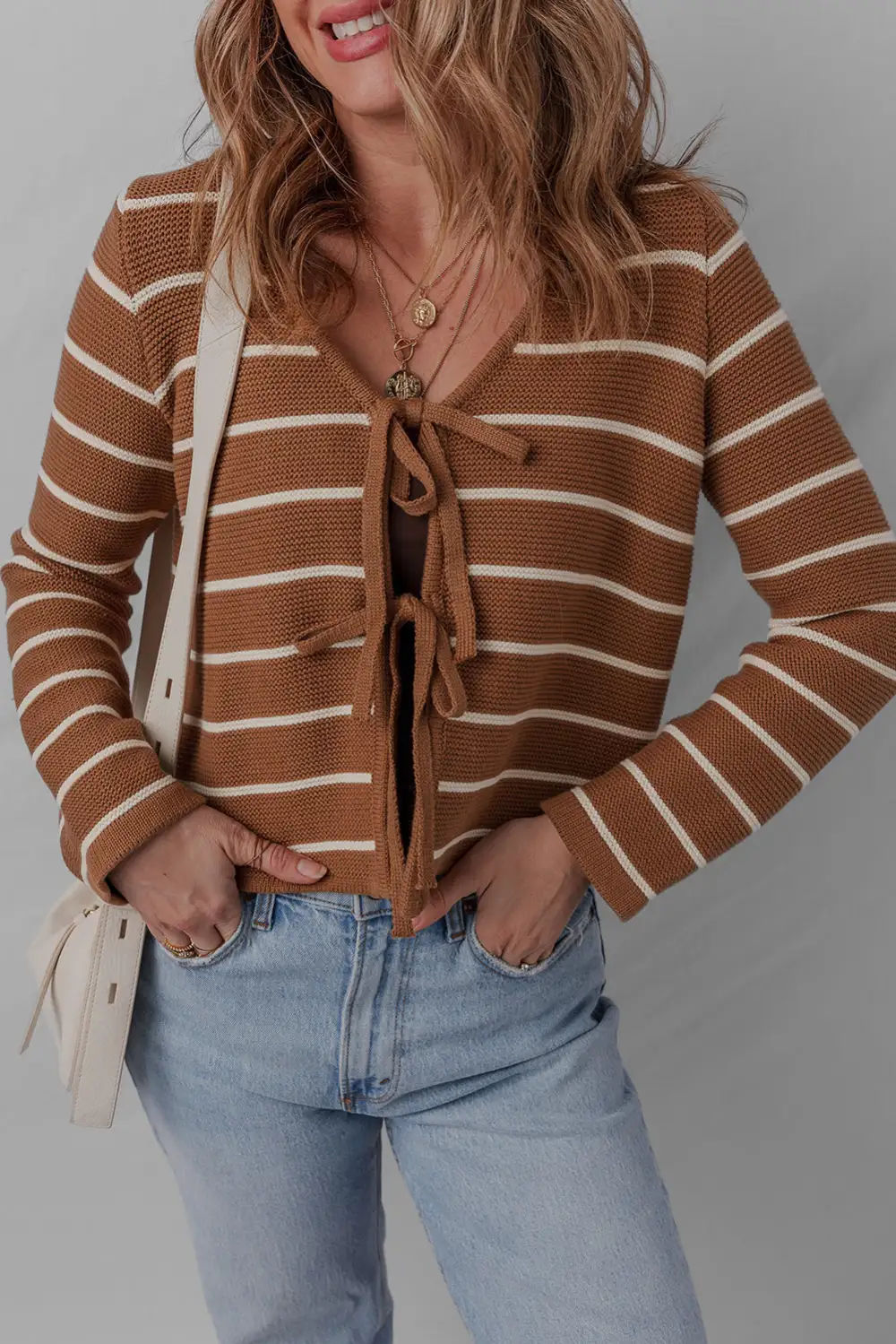 Tie Front Striped Knit V Neck Cardigan