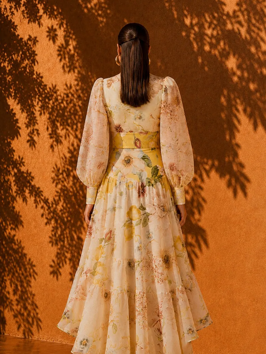 Gabriella Printed High-Neck Top with Puff Sleeves & Full-Flare Skirt