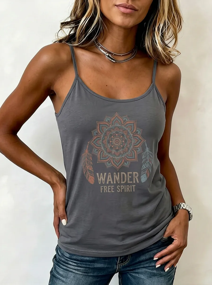 Women's Boho Wander Free Spirit Mandala Feather Printed Tank Top