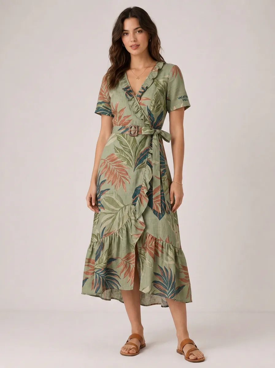 Women's Vacation Tropical Leaf Printed Ruffle Wrap Dress