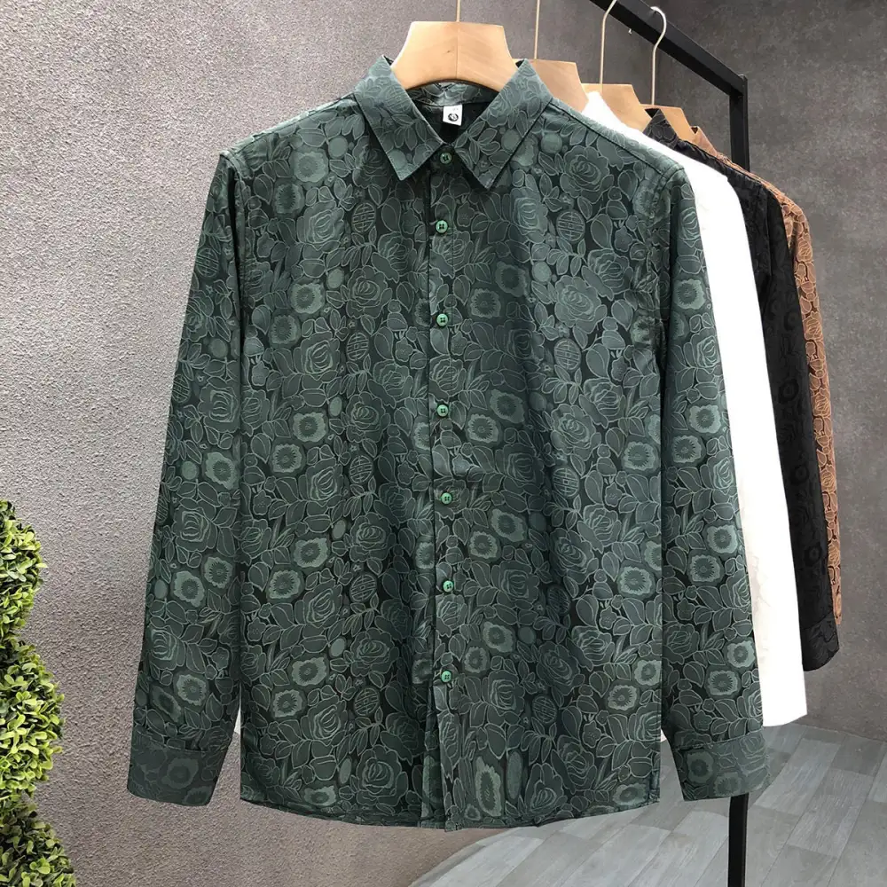 Men's Long-Sleeve Jacquard Shirt With Fine Floral Relief And Classic Collar
