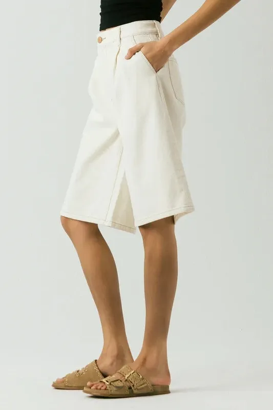 Pleated Denim Belt Loop Shorts