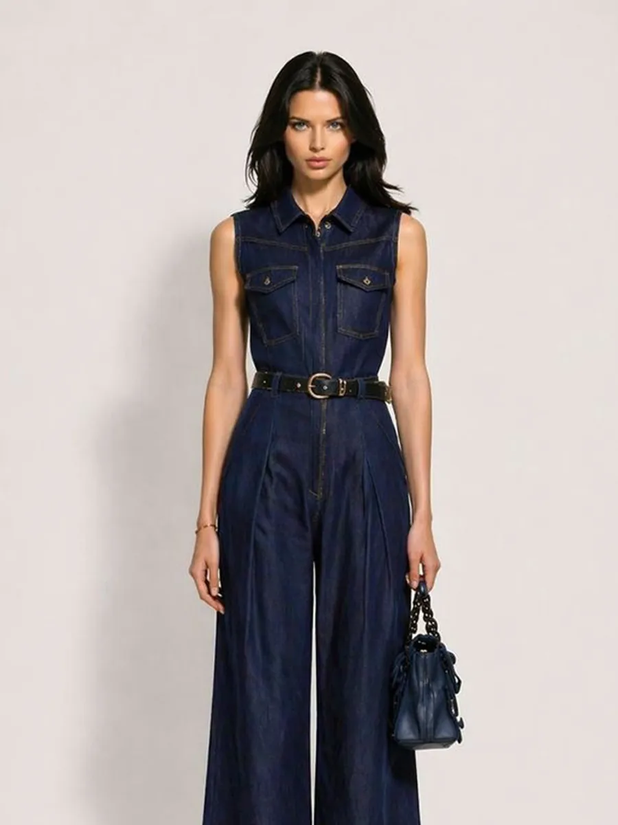Juliette Sleeveless Collared Straight-Leg Denim Jumpsuit