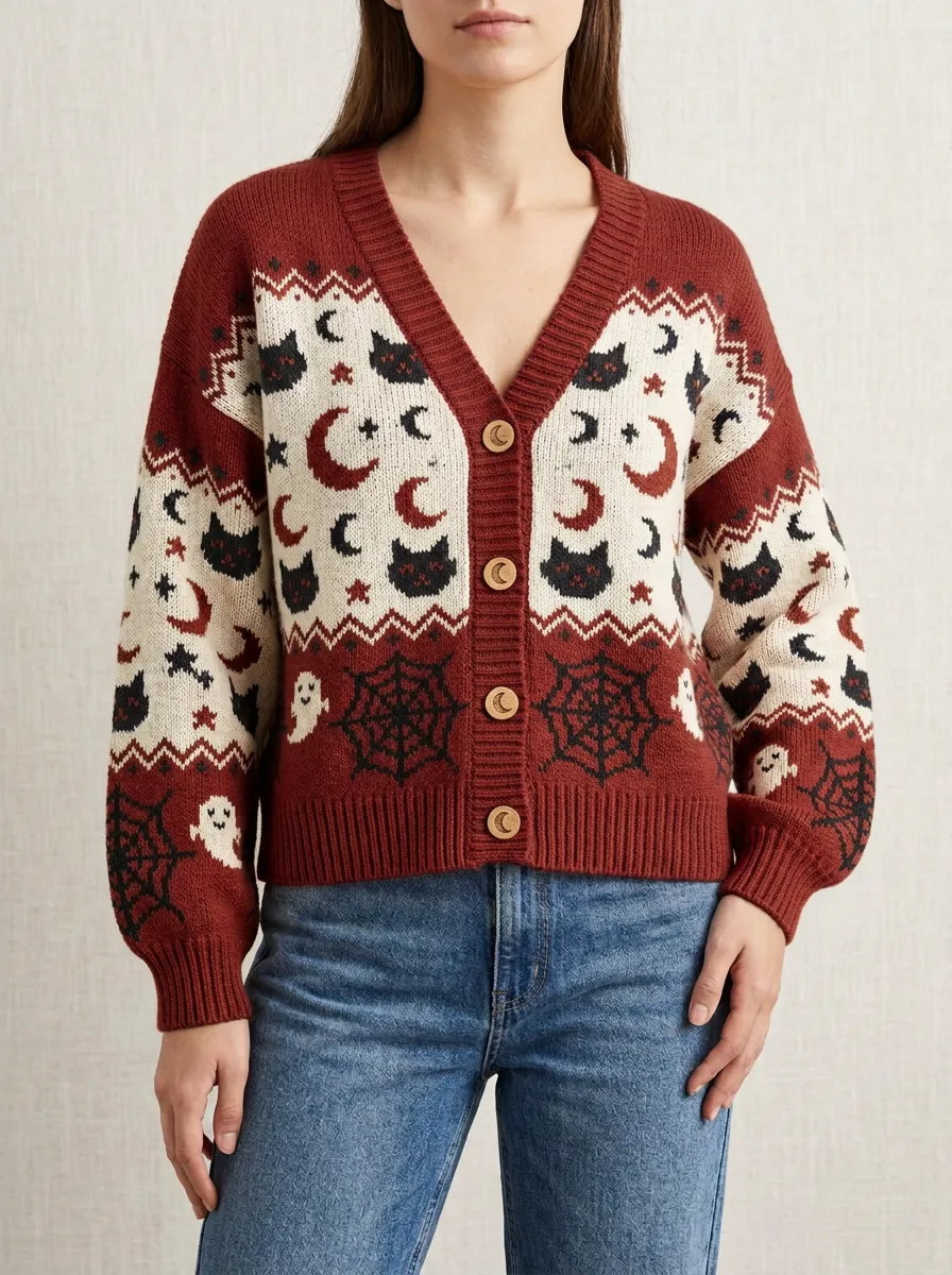 Women's Cat Moon Ghost Spiderweb Halloween Knit Cardigan