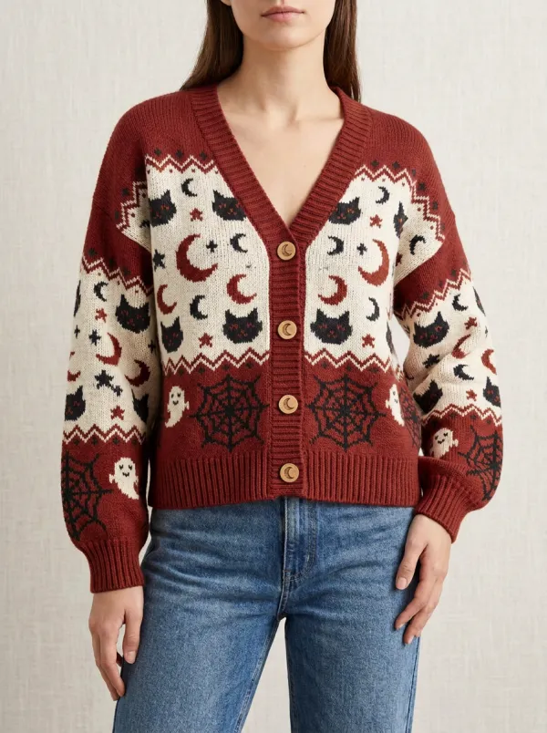Women's Cat Moon Ghost Spiderweb Halloween Knit Cardigan