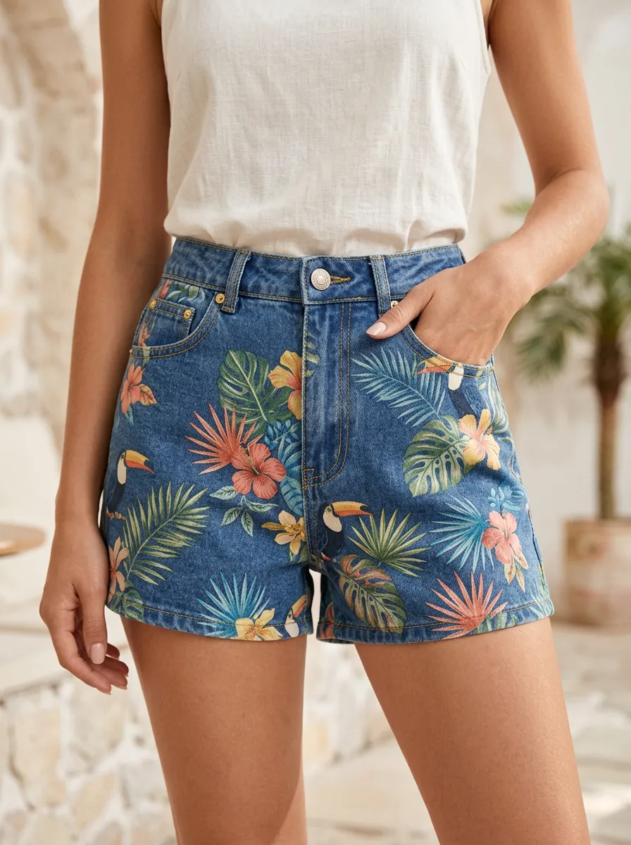 Women's Tropical Toucan Hibiscus Floral Belt Loop Printed Denim Shorts