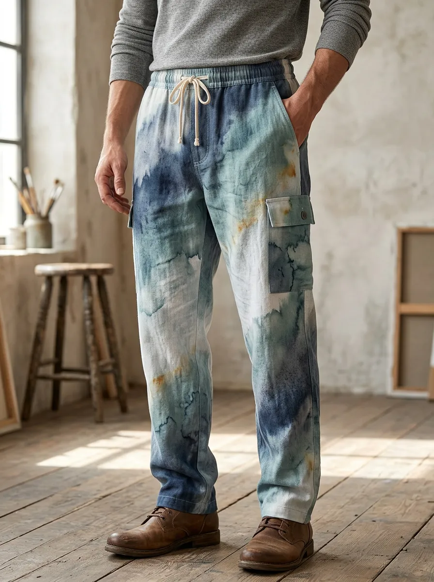 Men's Casual Style Blue Watercolor Tie-Dye Printed Cargo Pants