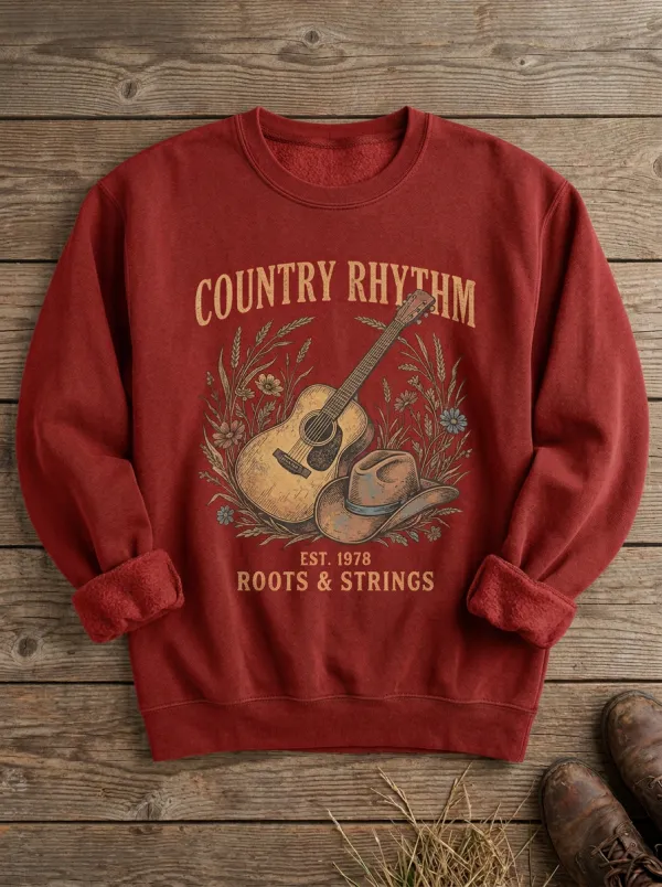 Rustic Country Music Guitar Cowboy Hat Crew Neck Sweatshirt