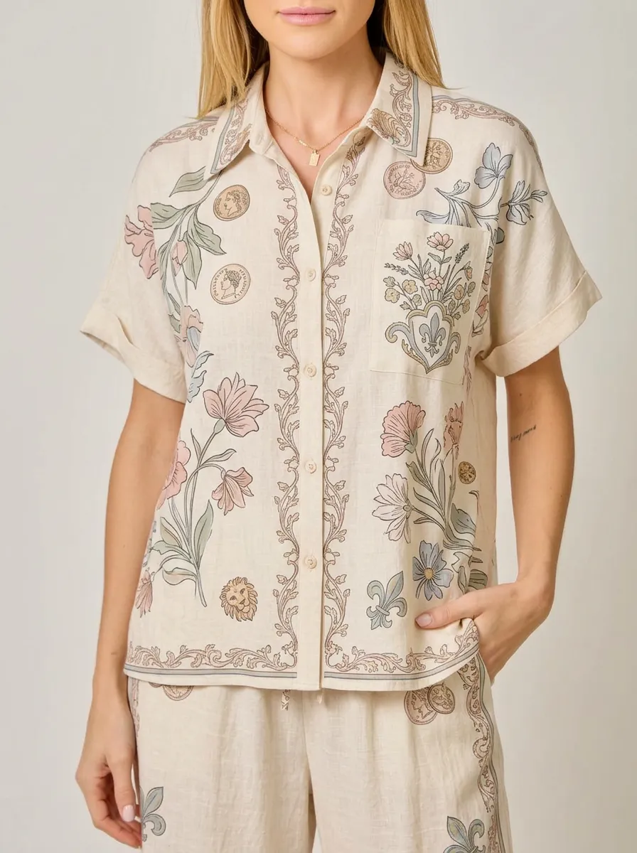 Women's Vintage Floral Coin Motif Printed Button-Down Shirt