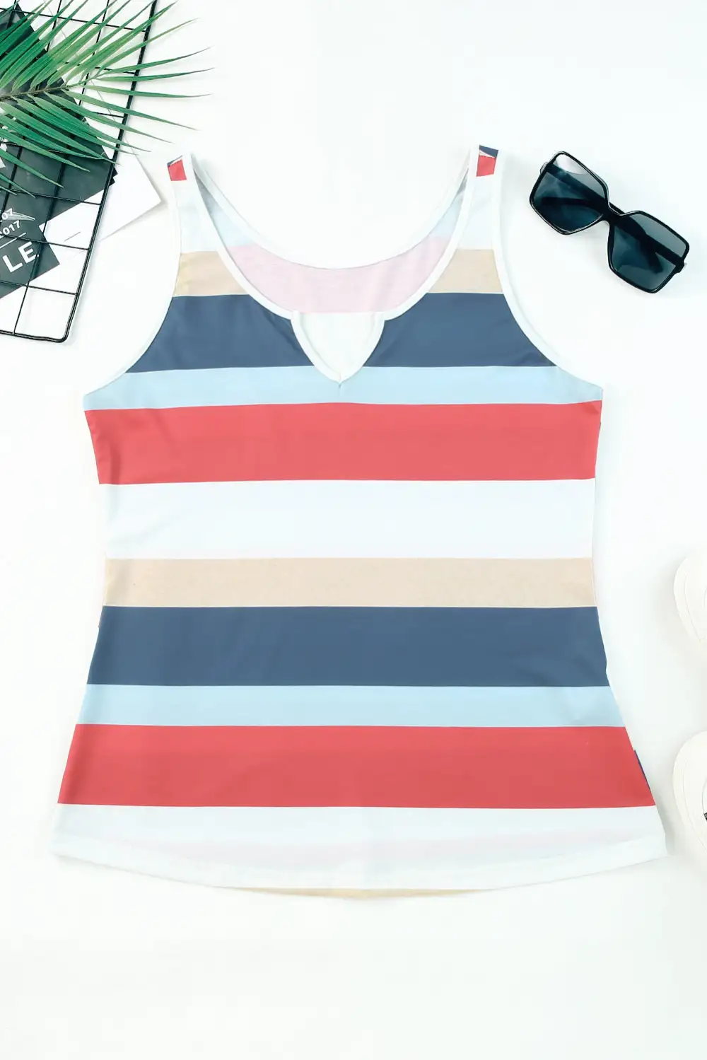 Laidback Striped Block Notched Neck Tank Top