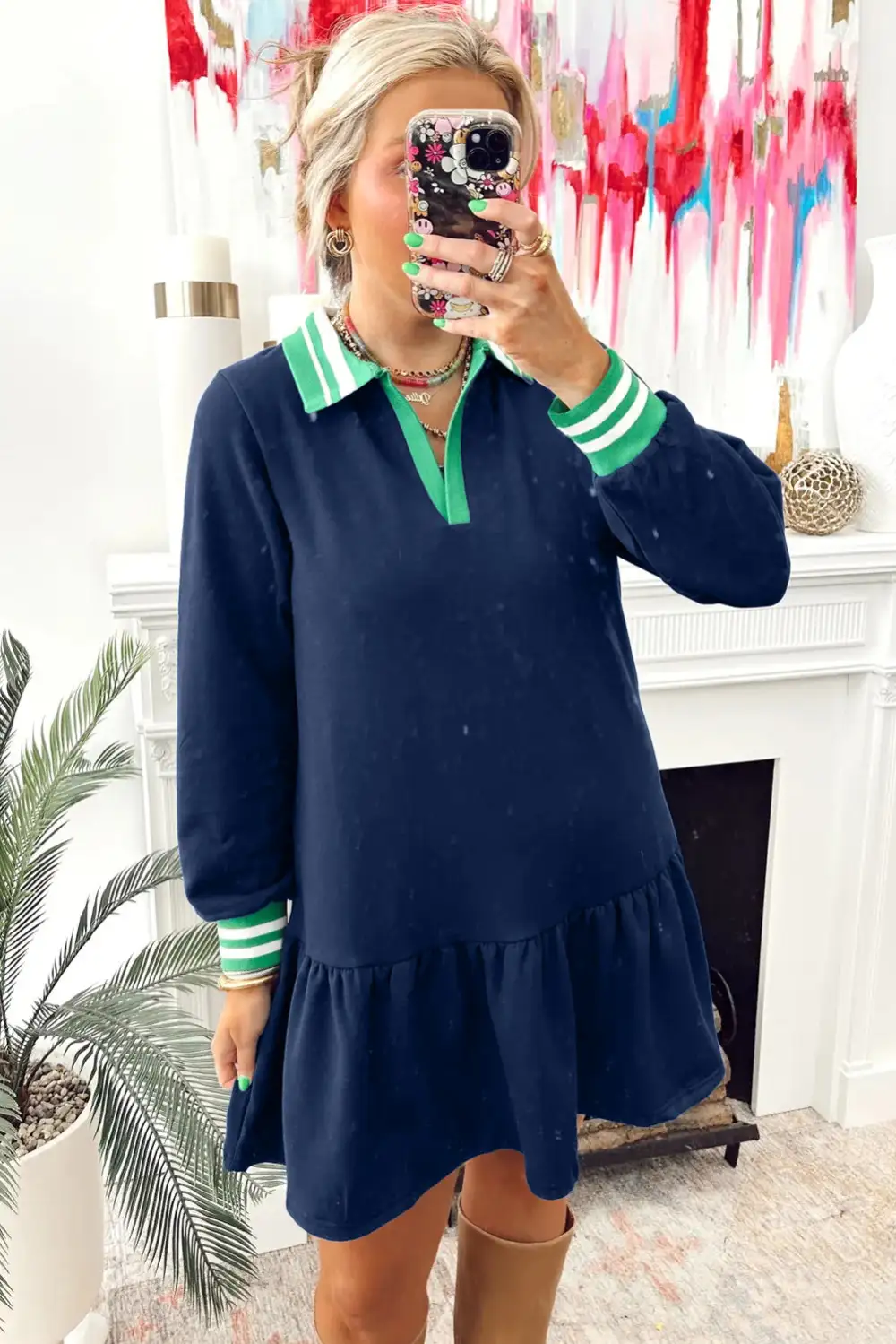 Contrast Striped Cuffs Polo Collar Patchwork Long Sleeve Ruffle Hem Mini Dress