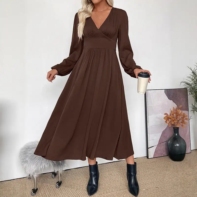 Women's V-Neck Long-Sleeve Pocketed Maxi Dress
