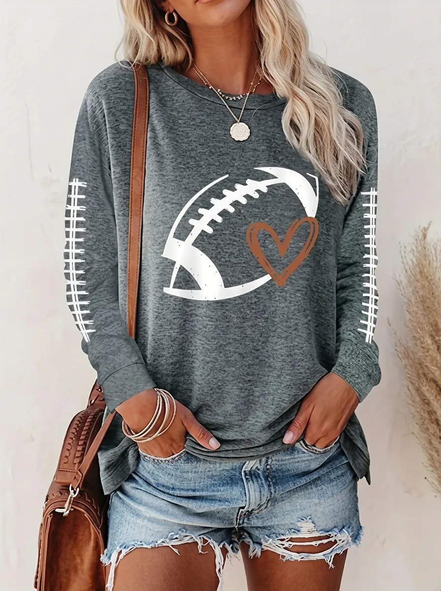 Women's Classic Football Ball Heart Long Sleeve Graphic T-Shirt