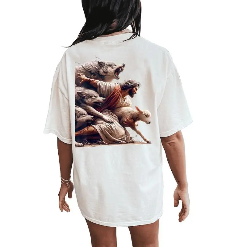 Jesus Protects The Lamb From Wolves Christian God Jesus Women's Oversized Comfort T-Shirt Back Print