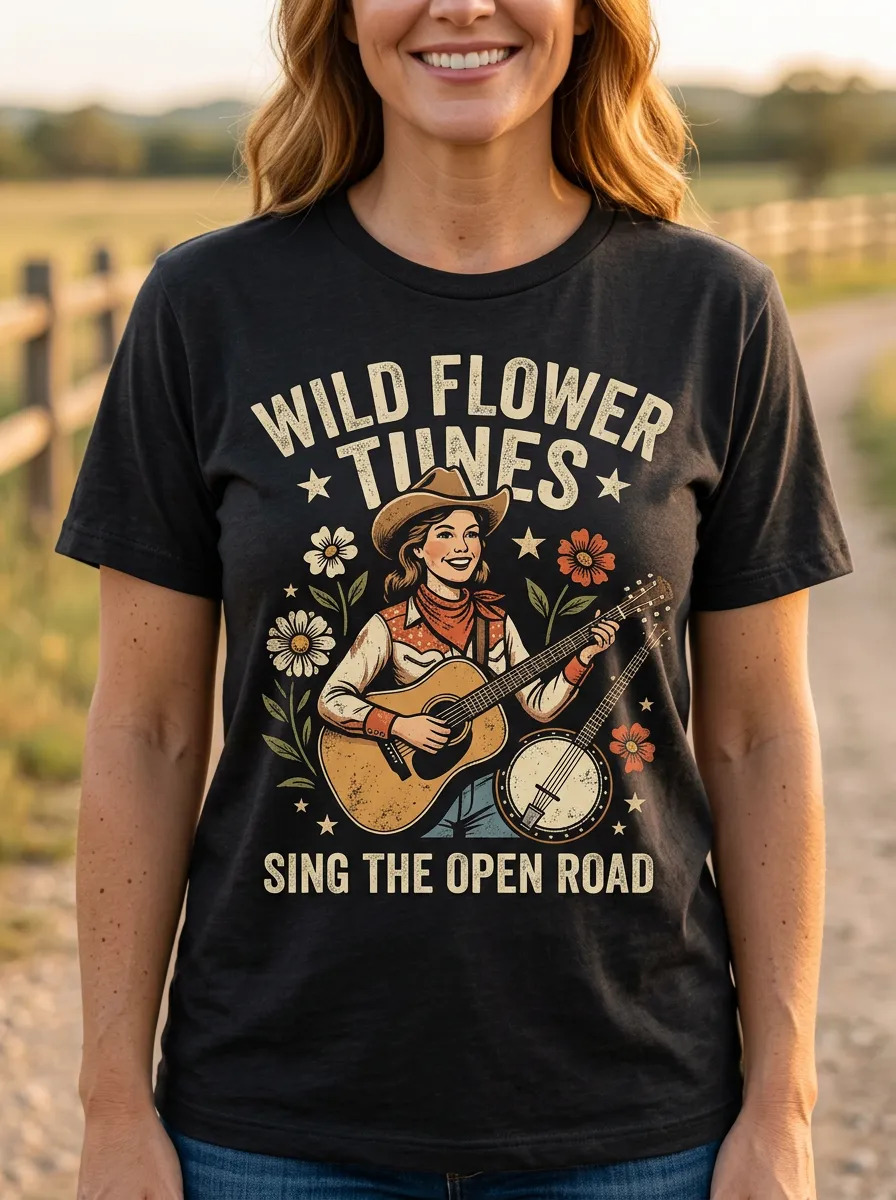 Banjo Guitar Cowgirl Country Music Crewneck T-Shirt