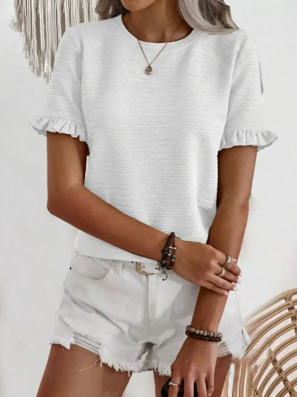 Textured Ruffle Sleeve Round Neck Blouse